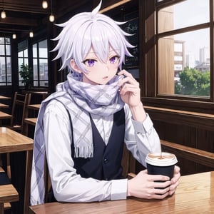 Masterpiece. UHD, 8K, anime style, Ende, a young man with white hair and violet eyes, sitting at a cozy café. He’s wearing his checkered shirt under a vest and scarf, holding a cup of coffee with both hands. The warm light from the café interior gives the scene a comfortable, relaxed feel. Outside the window, the streets are busy, but Ende seems lost in thought, with a peaceful expression on his face as he sips his coffee.