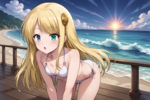 Yumina is standing on the deck of a large yacht, wearing a stylish white bikini. Her silvery-yellow hair is blowing gently in the sea breeze, and her heterochromatic eyes—one blue and one gold—shine with excitement as she looks out at the open ocean. The sun is high in the sky, casting a warm glow on her skin. Yumina holds onto the railing, feeling the gentle sway of the boat beneath her feet, and the sound of waves crashing against the hull creates a soothing background noise.