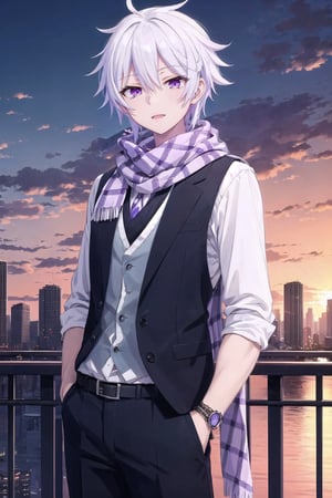 Masterpiece. UHD, 8K, anime style, Ende, a handsome young man with white hair, standing confidently. He’s wearing a checkered shirt under a fitted vest, with a long scarf wrapped around his neck. His striking violet eyes give a deep, mysterious look. The sunlight highlights his white hair as it gently falls around his face. The background is a cityscape at sunset, casting warm tones of orange and purple across the scene. His posture is relaxed, hands in his pockets, with a calm expression on his face, high-quality detail on his clothing, and subtle light reflections in his eyes.,(masterpiece),scenery