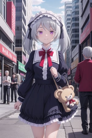 Create a 3D image of Leen walking through a bustling modern city. She has silver-gray, shoulder-length wavy hair, and big violet eyes. She wears a pastel-colored blouse and a light skirt, holding a small teddy bear named Paula with a red ribbon around its neck. The city is vibrant, with tall buildings, bustling streets, and colorful advertisements. The atmosphere is lively, with Leen smiling as she explores, surrounded by the dynamic flow of urban life.