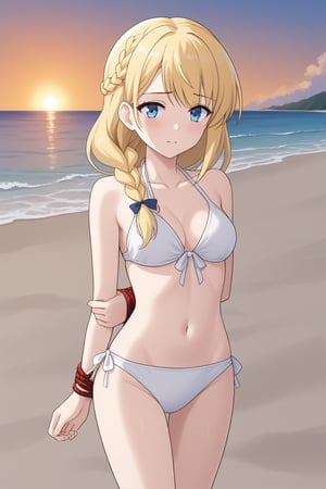 blonde-haired girl taking a walk on the beach on a beautiful sunset and she is wearing a white bikini and her beautiful hair is tied up in a braid
