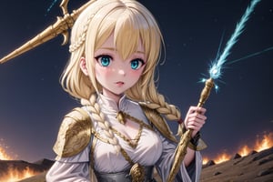 Yumina in a medieval battlefield, dressed in a silver and white armored outfit. She holds a glowing staff in one hand, her blonde hair braided and tied back with a light blue ribbon. Her heterochromic eyes (one blue, one green) shine with determination as she casts a powerful spell. Lightning crackles around her staff, and the ground beneath her glows with magical runes. The environment is dark and chaotic, with debris flying through the air and smoke rising from the battlefield. Her armor reflects the light from the spells and the burning flames around her.
