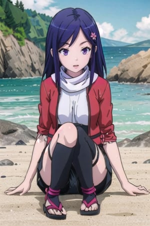 Tsubaki,Masterpiece. UHD, 8K, 1 woman, solo, dark purple hair with a red camellia hairpin, wearing Western clothing: shorts, a light jacket, knee socks, and her scarf, sitting on a beach towel under the shade of an umbrella, enjoying a peaceful moment by the sea, waves crashing in the background, her sandals next to her on the sand, photorealistic, high detail, tranquil scene.