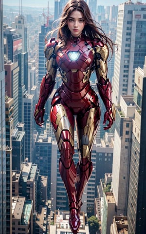 1 girl, long black hair, side,  full body, iron man suit,  pauldrons, ,iron man, open clothes, , abs, ,Eva Savagiou, ,evangelion, eva suit, floating in the sky, cityscape, day light, details, reflective, fighting , ,mecha, ,3va, , photo-realistic,