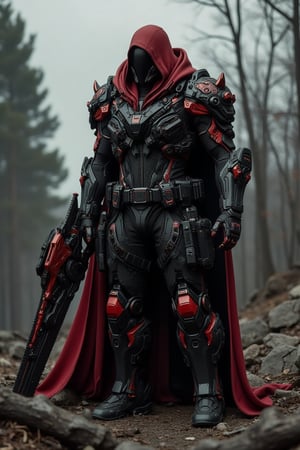 A dark , imposing figure clad in a red, hooded cloak stands in a wooded clearing environment, (((wielding an enormous, highly detailed mechanical massive chainsaw-like sword with red accents covered in intricate mechanical parts, gears, and spikes, giving it a menacing appearance))). (((The figure's face is obscured by the hood))), adding to the mysterious and intimidating presence. The background features a broken wooded forest rocky area under a gray, overcast sky, enhancing the bleak and natural atmosphere of the scene. The overall image exudes a sense of power, danger, and post-apocalyptic readiness. ultra-realistic, ultra-detailed,
,F-GVA Armour Suit