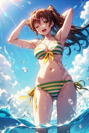 (masterpiece, best quality, official art, 8k unity wallpapers, incredibly absurdres, prefect hands), (beautiful pink-yellow shades), 1girl, solo, shinka nibutani, alternate hairstyle, (left side medium long ponytail), brown eyes, medium breasts, cleavage, (yellow-green two-color striped bikini), string bikini, side-tie bikini bottom, swimsuit, arm accessories, (one eye closed), open mouth, confident smile, looking at viewer, wading, Beautiful Beach, (raise one arm on head:1.2), (splash water:1.2), (hair blowing in the wind:1.25), (from below shot),