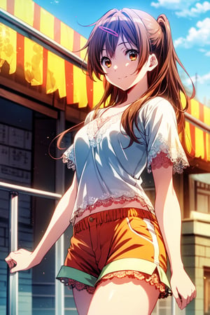 (masterpiece, best quality, official art, 8k unity wallpapers, incredibly absurdres), 1girl, solo, shinka nibutani, long hair, brown eyes, medium breasts, (orange ruffled short sleeve lace top), (sky-blue loose shorts), masterpiece, date atmosphere, happy smile, looking at viewer, hand on lower chest, cowboy shot, (beautiful city:1.2), outdoor, (sunny day),1 girl