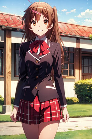 (masterpiece, best quality, official art, 8k unity wallpapers, incredibly absurdres, prefect hands), 1girl, solo, shinka nibutani, brown long hair and eyes, medium breasts, icho private high school uniform, black blazer, red plaid skirt, confident smile, looking at viewer, outdoors, (beautiful high school), cowboy shot, (thighs:0.8), day,1 girl