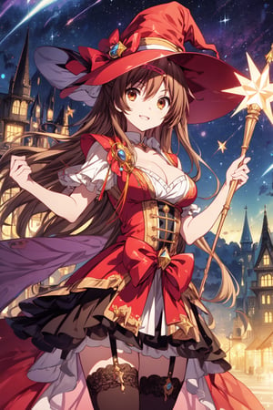 (masterpiece, best quality, official art, 8k unity wallpapers, incredibly absurdres), 1girl, solo, shinka nibutani, long hair, brown eyes, medium breasts, cleavage, witch costume, garter stockings, magic hat, magic scepter, magic effects, (starry sky at night), happy smile, looking at viewer, outdoor,1 girl