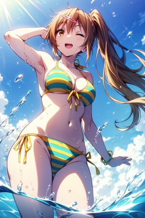 (masterpiece, best quality, official art, 8k unity wallpapers, incredibly absurdres, prefect hands), (beautiful pink-yellow shades), 1girl, solo, shinka nibutani, alternate hairstyle, (left side medium long ponytail), brown eyes, medium breasts, cleavage, (yellow-green two-color striped bikini), string bikini, side-tie bikini bottom, swimsuit, arm accessories, (one eye closed), open mouth, confident smile, looking at viewer, wading, Beautiful Beach, (raise one arm on head:1.2), (splash water:1.2), (hair blowing in the wind:1.25), (from below shot),