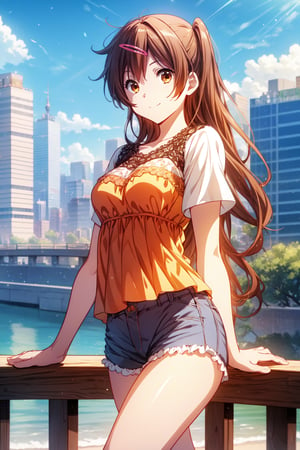 (masterpiece, best quality, official art, 8k unity wallpapers, incredibly absurdres), 1girl, solo, shinka nibutani, long hair, brown eyes, medium breasts, (orange ruffled short sleeve lace top), (sky-blue loose shorts), masterpiece, date atmosphere, happy smile, looking at viewer, hand on lower chest, cowboy shot, (beautiful city:1.2), outdoor, (sunny day),1 girl