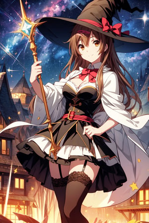 (masterpiece, best quality, official art, 8k unity wallpapers, incredibly absurdres), 1girl, solo, shinka nibutani, long hair, brown eyes, medium breasts, cleavage, witch costume, garter stockings, magic hat, magic scepter, magic effects, (starry sky at night), happy smile, looking at viewer, outdoor,1 girl