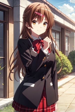 (masterpiece, best quality, official art, 8k unity wallpapers, incredibly absurdres, prefect hands), 1girl, solo, shinka nibutani, brown long hair and eyes, medium breasts, icho private high school uniform, black blazer, red plaid skirt, confident smile, (one hand in own hair), looking at viewer, outdoors, (beautiful high school), cowboy shot, (thighs:0.6), day,1 girl