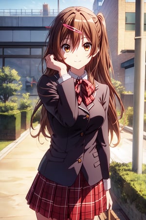 (masterpiece, best quality, official art, 8k unity wallpapers, incredibly absurdres, prefect hands), 1girl, solo, shinka nibutani, brown long hair and eyes, medium breasts, icho private high school uniform, black blazer, red plaid skirt, confident smile, (one hand in own hair), looking at viewer, outdoors, (beautiful high school), cowboy shot, (thighs:0.6), day,1 girl