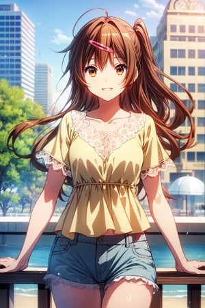 (masterpiece, best quality, official art, 8k unity wallpapers, incredibly absurdres), 1girl, solo, shinka nibutani, long hair, brown eyes, medium breasts, (orange ruffled short sleeve lace top), (sky-blue loose shorts), masterpiece, date atmosphere, happy smile, looking at viewer, hand on lower chest, cowboy shot, (beautiful city:1.2), outdoor, (sunny day),