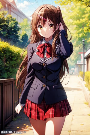 (masterpiece, best quality, official art, 8k unity wallpapers, incredibly absurdres, prefect hands), 1girl, solo, shinka nibutani, brown long hair and eyes, medium breasts, icho private high school uniform, black blazer, red plaid skirt, confident smile, (one hand in own hair), looking at viewer, outdoors, (beautiful high school), cowboy shot, (thighs:0.6), day,1 girl