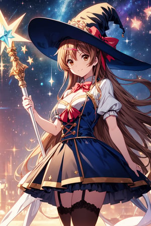 (masterpiece, best quality, official art, 8k unity wallpapers, incredibly absurdres), 1girl, solo, shinka nibutani, long hair, brown eyes, medium breasts, cleavage, witch costume, garter stockings, magic hat, magic scepter, magic effects, (starry sky at night), happy smile, looking at viewer, outdoor,1 girl