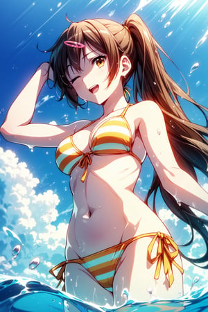 (masterpiece, best quality, official art, 8k unity wallpapers, incredibly absurdres, prefect hands), (beautiful pink-yellow shades), 1girl, solo, shinka nibutani, alternate hairstyle, (left side medium long ponytail), brown eyes, medium breasts, cleavage, (yellow-green two-color striped bikini), string bikini, side-tie bikini bottom, swimsuit, arm accessories, (one eye closed), open mouth, confident smile, looking at viewer, wading, Beautiful Beach, (raise one arm on head:1.2), (splash water:1.2), (hair blowing in the wind:1.25), (from below shot),