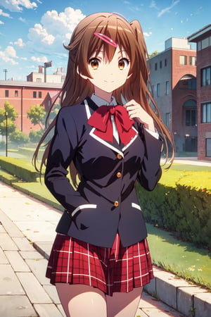 (masterpiece, best quality, official art, 8k unity wallpapers, incredibly absurdres, prefect hands), 1girl, solo, shinka nibutani, brown long hair and eyes, medium breasts, icho private high school uniform, black blazer, red plaid skirt, confident smile, (one hand in own hair), looking at viewer, outdoors, (beautiful high school), cowboy shot, (thighs:0.6), day,1 girl