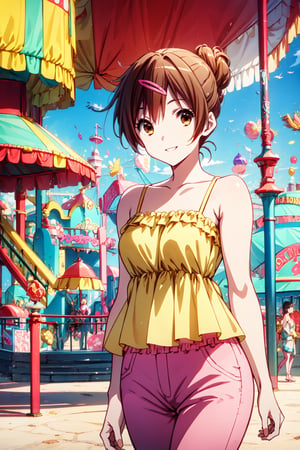 (masterpiece, best quality, official art, 8k unity wallpapers, incredibly absurdres), 1girl, solo, brown eyes, shinka nibutani, alternate hairstyle, hair up updo, short hair, (medium breasts), (coral-pink spaghetti straps camisole), (turquoise-color capri pants), smile, charming pose, looking at viewer, cowboy shot, (luxurious amusement park), outdoor, day, 1 girl, nibutani shinka,