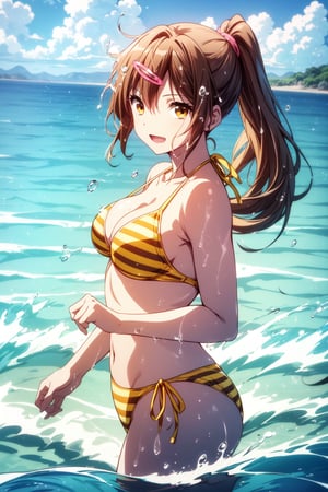 (masterpiece, best quality, official art, 8k unity wallpapers, incredibly absurdres, prefect hands), (beautiful pink-yellow shades), 1girl, solo, shinka nibutani, alternate hairstyle, (left side medium long ponytail), brown eyes, medium breasts, cleavage, (yellow-green two-color striped bikini), string bikini, side-tie bikini bottom, swimsuit, arm accessories, open mouth, confident smile, looking at viewer, wading, Beautiful Beach, (play water:1.2), (splash water:1.3), (hair blowing in the wind:1.25),1 girl