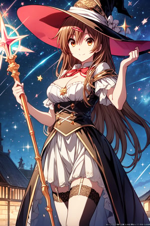 (masterpiece, best quality, official art, 8k unity wallpapers, incredibly absurdres), 1girl, solo, shinka nibutani, long hair, brown eyes, medium breasts, cleavage, witch costume, garter stockings, magic hat, magic scepter, magic effects, (starry sky at night), happy smile, looking at viewer, outdoor,1 girl