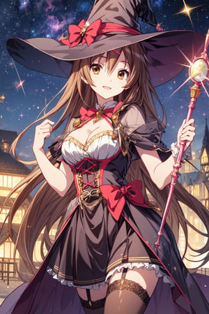 (masterpiece, best quality, official art, 8k unity wallpapers, incredibly absurdres), 1girl, solo, shinka nibutani, long hair, brown eyes, medium breasts, cleavage, witch costume, garter stockings, magic hat, magic scepter, magic effects, (starry sky at night), happy smile, looking at viewer, outdoor,1 girl