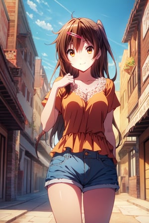 (masterpiece, best quality, official art, 8k unity wallpapers, incredibly absurdres), 1girl, solo, shinka nibutani, long hair, brown eyes, medium breasts, (orange ruffled short sleeve lace top), (sky-blue loose shorts), masterpiece, date atmosphere, happy smile, looking at viewer, hand on lower chest, cowboy shot, (beautiful city:1.2), outdoor, (sunny day),