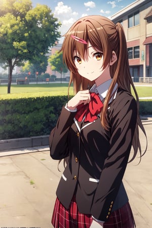 (masterpiece, best quality, official art, 8k unity wallpapers, incredibly absurdres, prefect hands), 1girl, solo, shinka nibutani, brown long hair and eyes, medium breasts, icho private high school uniform, black blazer, red plaid skirt, confident smile, (one hand in own hair), looking at viewer, outdoors, (beautiful high school), cowboy shot, (thighs:0.6), day,1 girl