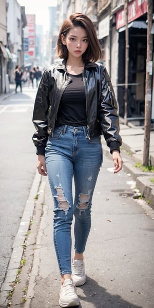 low quality old photo, Korean 1girl, wearing black latex jacket, front facing, walking towards viewer, backstreet slums as background, fierce look, low angle, no makeup, barefaced, freckles, shoulder length wavy black hair, wearing old cheap  sneakers, rugged faded denim pants, niji viking beauty style 