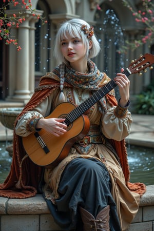 ((Enchanting)) ancient village, 20yo beauty, wearing attractive bard costume, sitting on the edge of a fountain, singing while playing with a lute, flowing tunic with intricate embroidery, velvet cloak, scarf, wide belt with colorful ribbons and trinkets, leather boots. layered braid adorned with a glamorous scarf or headpiece, delicate, mysterious smile, wisdom and creativity, silver-white hair, short hair, straight line cut bangs, blunt bangs, extreme detailed, realistic, solo, beautifully detailed eyes, detailed fine nose, detailed fingers,(masterpiece, top quality, best quality, official art, beautiful and aesthetic:1.2),(1girl:1.4), portrait,,extreme detailed,(colorful:1.2),highest detailed,(aristocracy:1.3), landscape,
