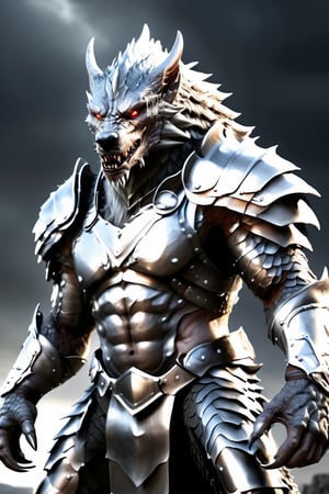 masterpiece, photo realistic, cinematic lighting, raw hdr photo, whole body shot, anthropomorphic werewolf, dragonscales, male, very muscular body, hunchback, long fingers, very long metallic claws on each hands, chest armor, fierce look, extremely detailed warrior armor, lower armor, dynamic battle pose, desolate battlefield background, looking at viewer 