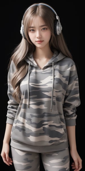 warm light room Beautiful woman with silver long hair against a dark background.over-the-ear headphones Smile, arctic camouflage tight top, open hoodie, dynamic pose 
