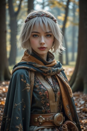 ((Enchanting)) forest scene, 1 girl, wearing attractive bard costume, flowing tunic with intricate embroidery, velvet cloak, scarf, wide belt with colorful ribbons and trinkets, leather boots. layered braid adorned with a glamorous scarf or headpiece, delicate, mysterious smile, wisdom and creativity, silver-white hair, short hair, straight line cut bangs, blunt bangs, extreme detailed, realistic, solo, beautifully detailed eyes, detailed fine nose, detailed fingers,(masterpiece, top quality, best quality, official art, beautiful and aesthetic:1.2),(1girl:1.4), portrait,,extreme detailed,(colorful:1.2),highest detailed,(aristocracy:1.3), landscape,
