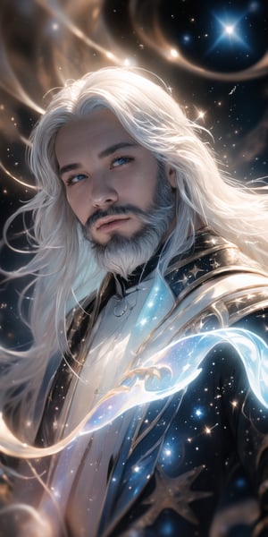 masterpiece, HD raw photo, hyper realistic, Starlight Sculptor in the Void A wise old sage with eyes that shimmer like distant galaxies and hands that dance with stardust stands amidst a swirling nebula. His white hair and beard flowing like sea of dense stars, composed of sculpted constellations and celestial bodies, reflects the vastness of space. 
