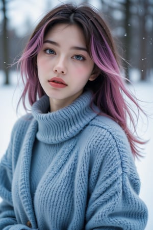 A realistic whole body photo of a young charming beauty with a Chinese and Russian mix breed, around 20 years old. Her silky long hair features a striking dark purple to light pink gradient, styled to frame her face. She has luminous grey eyes that stand out against the snowy background. She is dressed in a comfortable, fashionable sky blue oversized chunky knit cardigan. The lighting is cinematic, with warm tones that contrast beautifully with the cool snow. A subtle polaroid filter adds a vintage feel to the image. wearing a neck warmer,(masterpiece:1.3), (8k, photorealistic, RAW photo, best quality: 1.4), (1girl), beautiful face, (realistic face), beautiful hairstyle, realistic eyes, beautiful detailed eyes, (realistic skin), beautiful skin, clean skin, ultra high res, ultra realistic, hightly detailed, golden ratio