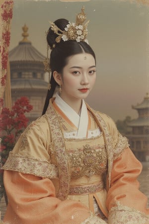 an ethereal beautiful princess, wearing an intricately designed royal hanfu, ornate, slight smile, looking to the side, forbidden city as background, perfect body ratio, large breasts, perfect hands, majestic vibe, extremely detailed. 1850s picture, discoloration, scratches and folds like a very old photo