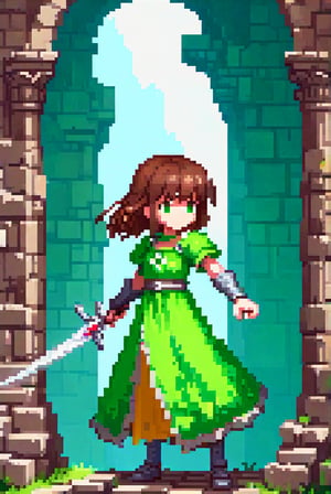 Chara, Brown hair, careteker of the ruins, sword, green dress, good pixel art, ruins
