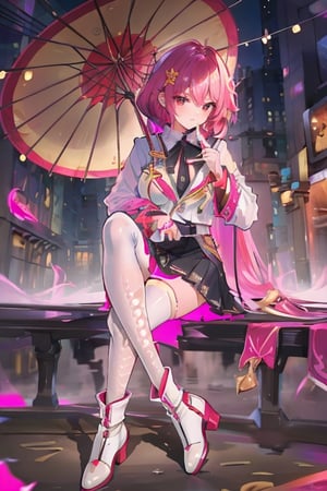 Long magenta hair, white suit, black tie, magenta umbrella, white ankle boots, short skirt, black skirt, magenta half,sexy sensual 