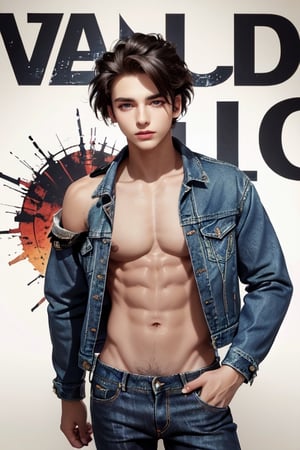 a young man with an edgy, fashionable look poses confidently, his denim jacket slipping off his shoulders to reveal a well-toned torso, set against a background filled with the repeated word "war" in bold, stylized font.