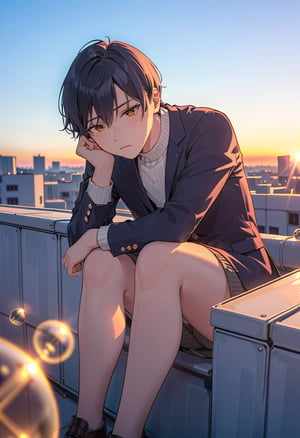 a young man sits outdoors, possibly on a rooftop, leaning forward with his arms resting on his knees. He wears a dark blazer over a white ribbed sweater, exuding a thoughtful or introspective mood. The photograph captures a soft, natural light and displays a subtle lens flare, adding an artistic touch to the serene moment.