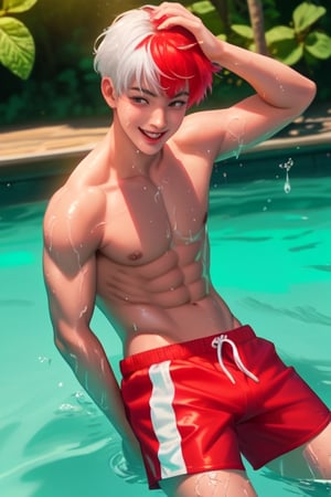 a youthful character with eye-catching red and white hair and a toned physique poses playfully amidst splashing waters, winking and tugging at the strap of his red swim shorts, while numerous strawberries are dynamically suspended around him, enhancing the refreshing and whimsical summer atmosphere.