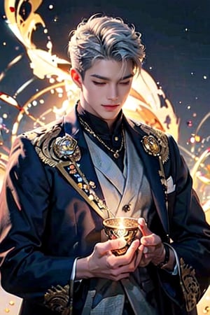 muscled young man with tousled silver hair, captured in a moment of concentration as he gently holds a golden, ornately decorated vessel from which a mystical blue light and swirling vapors are emanating, all set against a dramatic backdrop of sparkling golden lights and a deep, celestial blue glow that enhances the supernatural ambiance of the scene.