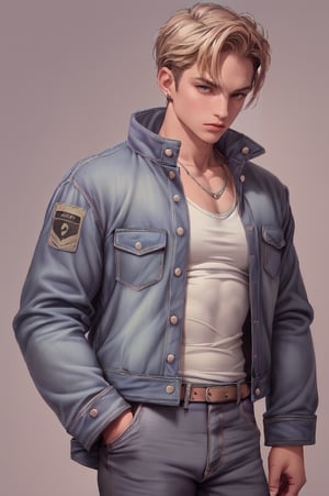 a young man with an edgy, fashionable look poses confidently, his denim jacket slipping off his shoulders to reveal a well-toned torso, set against a background filled with the repeated word "war" in bold, stylized font.