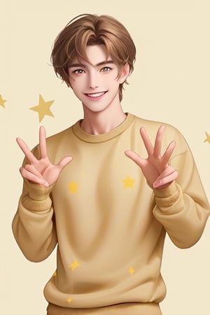 male with smile. The male has light brown hair and yellow eyes, and they are wearing a beige sweater. The background is yellow with star-like shapes. 🌟