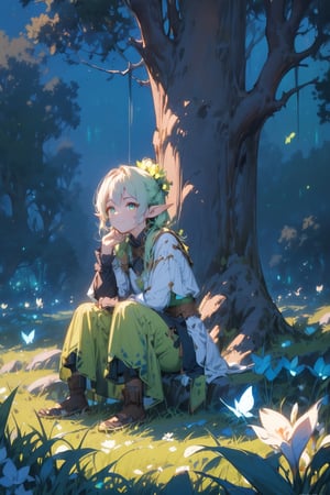 //quality, (masterpiece:1.4), (detailed), ((,best quality,))//,1boy,(elf:1.3),//,light_green_hair,hair_flowers,beautiful detailed eyes,glowing eyes,(green eyes:1.2),//,ethereal clothes,//,light smile,//, sitting on grassland,//, forest, flowers, (firefly:1.3) ,glow,(night:1.21),scenery