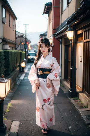 A young Japanese woman with a cute, doll-like face, wearing a long-sleeved kimono with a gorgeous floral pattern, standing in an old, historical cobblestone alley during a light snowfall, illuminated by vintage street lamps. She has medium-length hair, earrings, and is  for a full-body shot. The image should be 8K, original, super detailed, of the best quality, with a very detailed face and eyes, glossy skin, and the upper body should have professional lighting, soft light, sharp focus, and written boundary depth.
