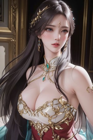 (Best quality,8K,A high resolution,Masterpiece:1.2),Ultra-detailed,(Realistic,Photorealistic,photo-realistic:1.37),Portrait,Creative style artwork,Historical,classical,Sophisticated,plethora of colors,Highly detailed,Soft lighting,luxurious environment,detailed gown,Vibrant flowers,detailed jewellery,Ethereal atmosphere,Elegant Pose,red dress,Graceful curves,Gold body proportions,Flowing hair,Breathtaking textile patterns,Harsh purple eyes,Delicate floral decoration,A dazzling array of crystal accessories,Mysterious and dreamy atmosphere,