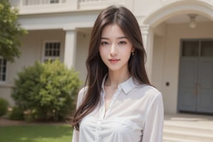 A super beautiful 1girl with long brown and black hair, smiling and looking at the audience, standing her full body on the university campus. She wears a white shirt, jewelry, earrings, and has a closed mouth. The garden is in a classical building, with a well-framed shot, natural lighting, and a composed pose.