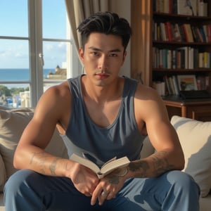 Male, tall, muscular, handsome face, chiseled chin, wearing a vest, short hair, caramel eyes, he is sitting on the sofa in a French mansion, he is wearing blue trousers, he is white, his skin is tan , there are some freckles around his nose and cheeks, he is holding a book in his hands, it is afternoon, so the sky on the balcony is blue and sunny, there is light stubble around his chin and upper lip, on his fingers There are a few rings, some obvious tattoos, and there are not many but big books on the bookshelf of the mansion, and the layout is very delicate.